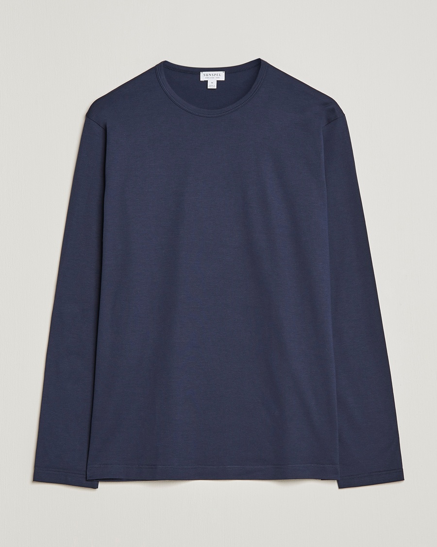 Sunspel Long Sleeve Crew Neck Cotton Tee Navy – Blue