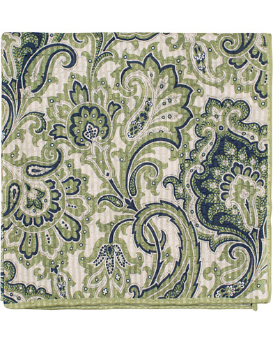  Cotton/Silk Seersucker Printed Paisley Pocket Square White/Olive