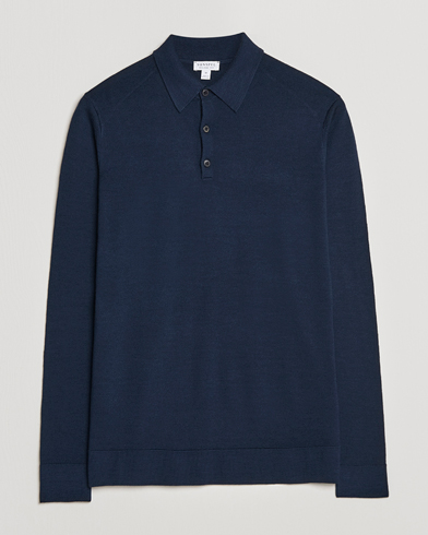 Men | Knitted Polo Shirts | Sunspel | Long Sleeve Polo Navy