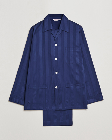 Men |  | Derek Rose | Striped Cotton Satin Pyjama Set Navy