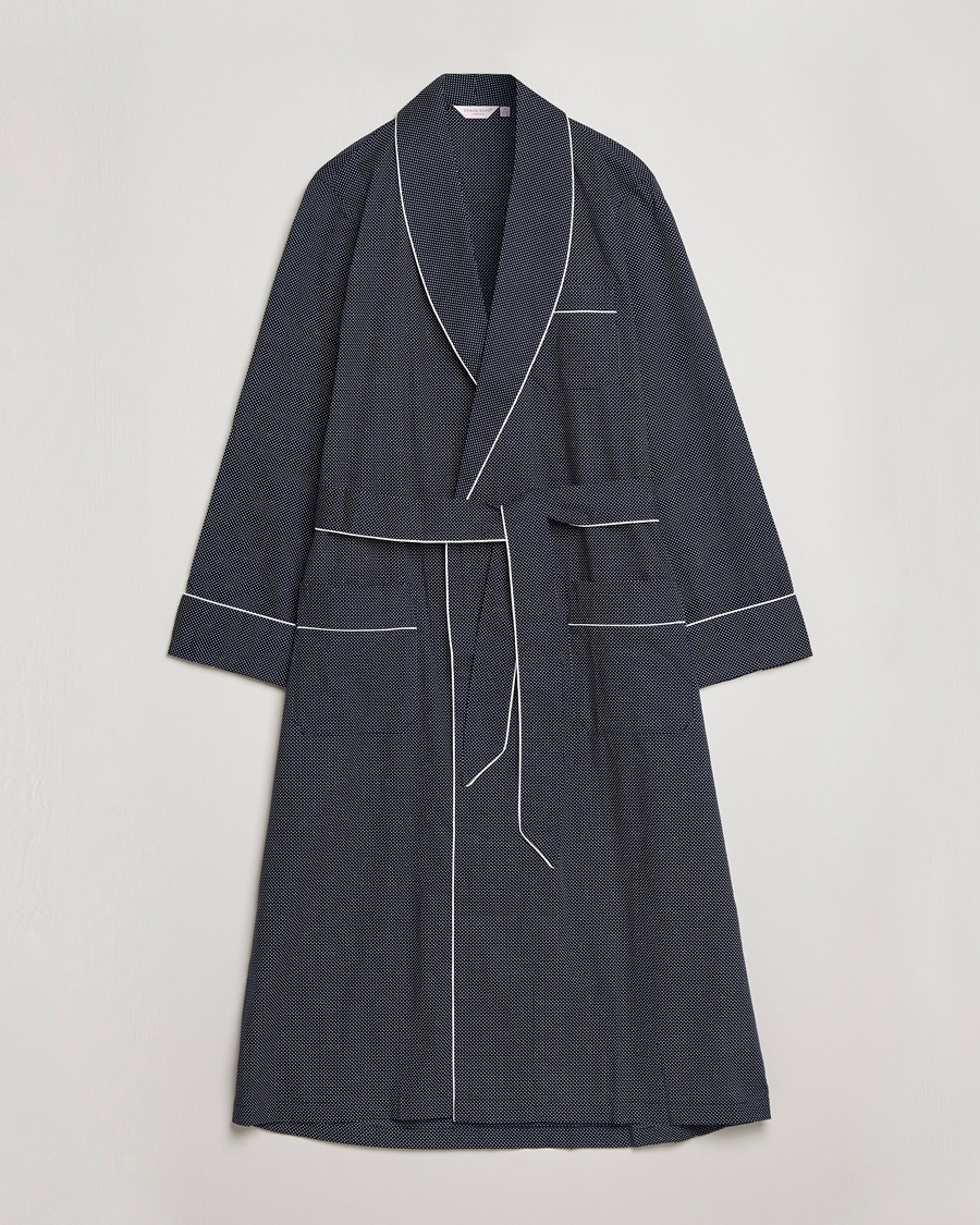 Derek Rose Polka Dot Cotton Satin Dressing Gown Navy – Blue