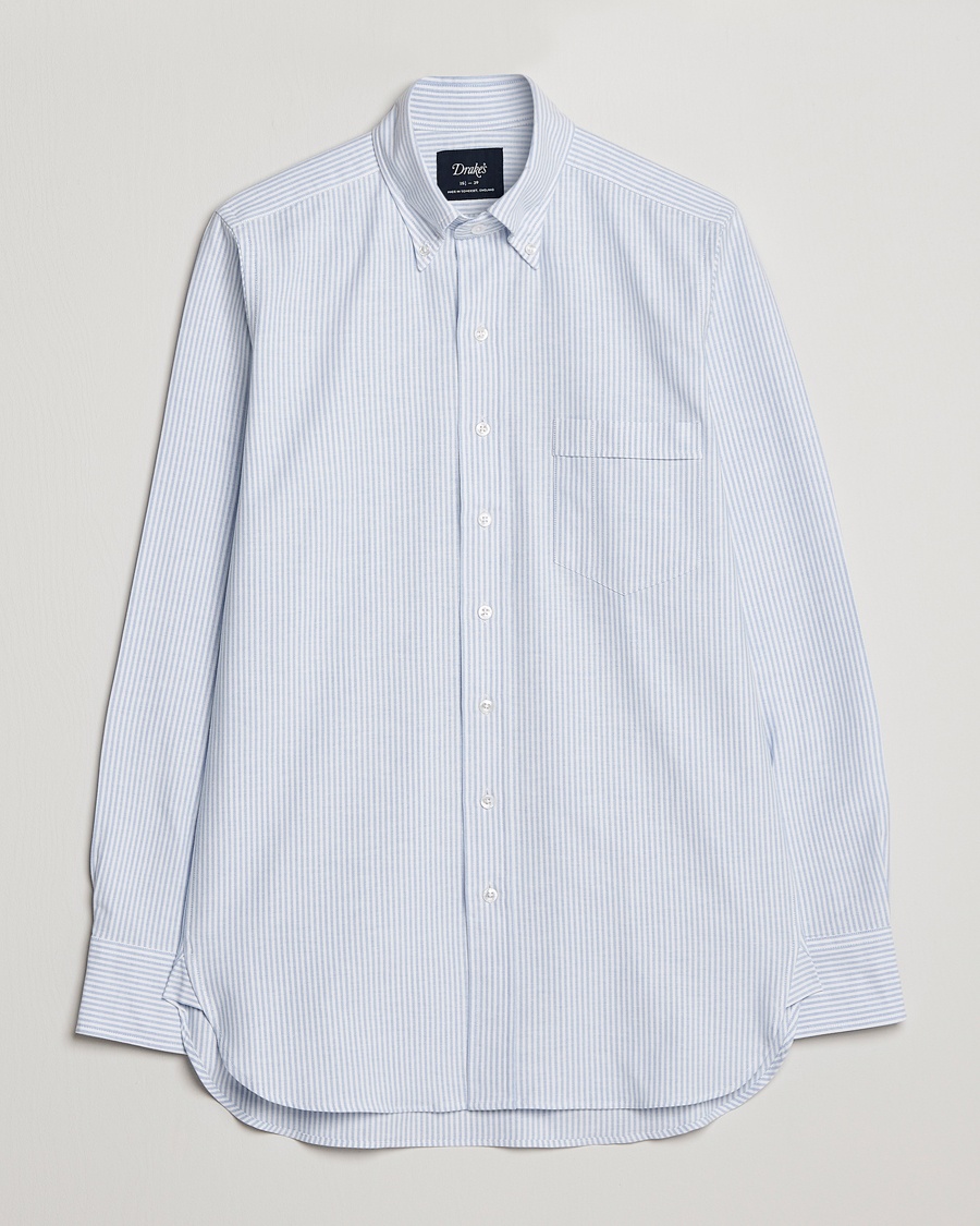 Drake's Striped Button Down Oxford Shirt Blue – Blue