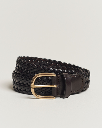 Men | Business Casual | Anderson's | Woven Leather Belt 3 cm Dark Brown