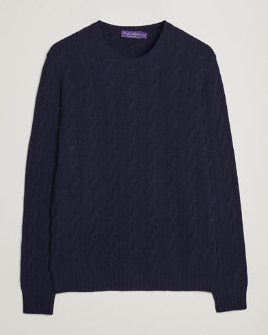 Men | Knitted Jumpers | Ralph Lauren Purple Label | Cashmere Cable Crew Neck Sweater Chairman Navy