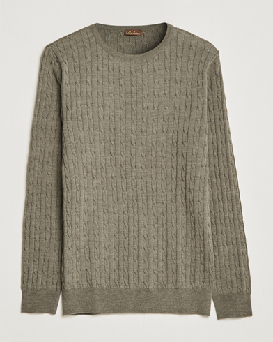 Men | Sweaters & Knitwear | Stenströms | Merino Cable Crew Neck Olive