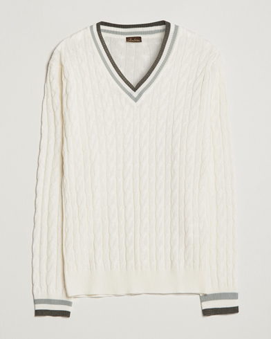 Men | Sweaters & Knitwear | Stenströms | Contast Merino Cable V-Neck White