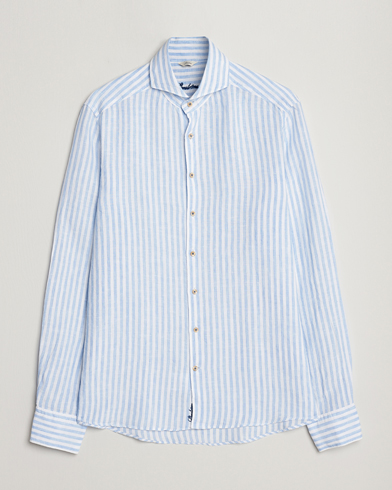 Stenströms Slimline Cut Away Striped Linen Shirt Light Blue