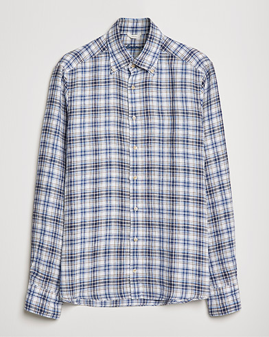 Men | Shirts | Stenströms | Slimline Cut Away Checked Linen Shirt Blue/Beige