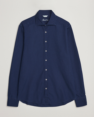 Men | Denim Shirts | Stenströms | Slimline Washed Structured Denim Shirt Indigo Blue