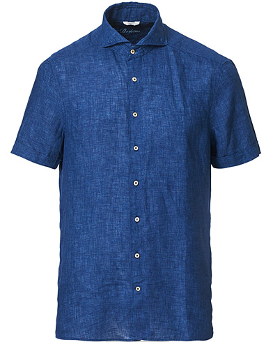 Men |  | Stenströms | Slimline Short Sleeve Linen Shirt Dark Blue