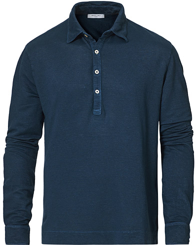 Long Sleeve Polo Shirts |  Washed Linen Long Sleeve Polo Navy