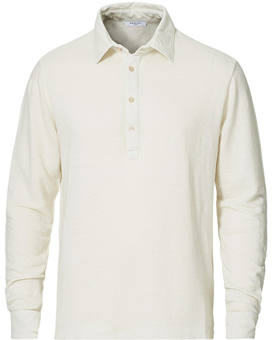 Long Sleeve Polo Shirts |  Washed Linen Long Sleeve Polo White