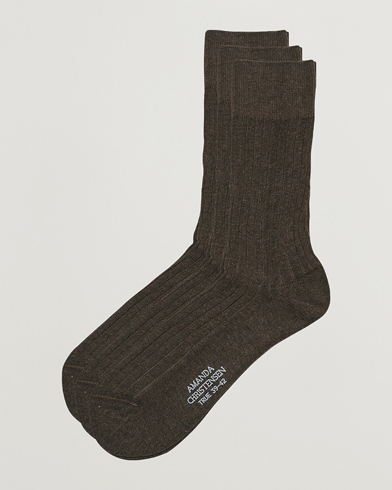 Men |  | Amanda Christensen | 3-Pack True Cotton Ribbed Socks Brown Melange