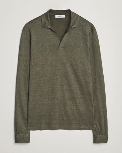 Men | Long Sleeve Polo Shirts | Gran Sasso | Washed Linen Long Sleeve Polo Dark Green