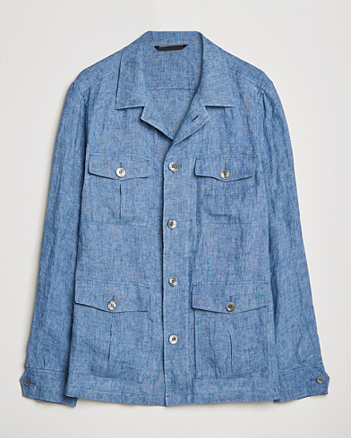 Men | Shirts | Oscar Jacobson | Safari Linen Shirt Jacket Smog Blue