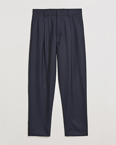 Men | Trousers | Giorgio Armani | Tapered Pleated Flannel Trousers Navy