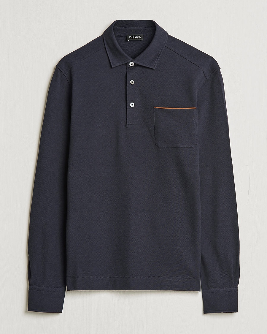 Zegna Long Sleeve Cotton Piquet Polo Navy – Blue