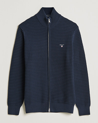 Men | Sweaters & Knitwear | GANT | Cotton Texture Full Zip Evening Blue