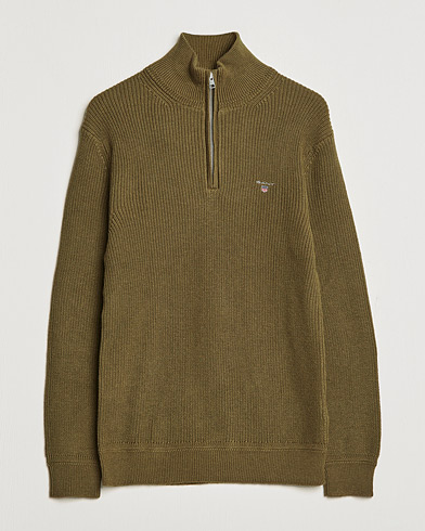 Men | Sweaters & Knitwear | GANT | Cotton/Wool Ribbed Half Zip Sweater Army Green
