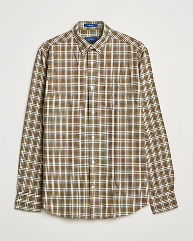 Men | Flannel Shirts | GANT | Regular Fit Flannel Checked Shirt Army Green