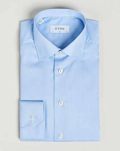 Men | Business Shirts | Eton | Striped Fine Twill Slim Shirt Mid Blue