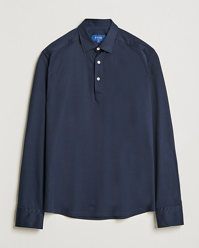 Men | Polo Shirts | Eton | Slim Fit Cotton Piqué Popover Shirt  Navy
