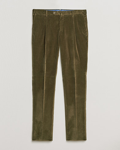 Men | Corduroy Trousers | PT01 | Slim Fit Pleated Corduroy Trousers Forest Green
