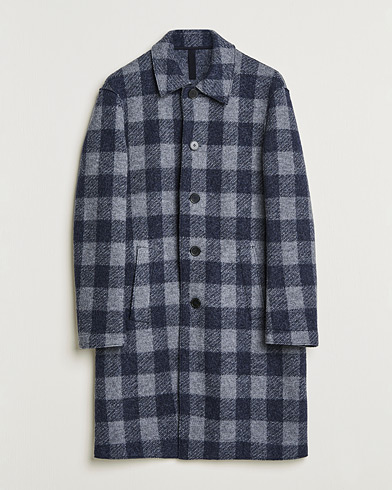 Men | Harris Wharf London | Harris Wharf London | Vichy Fleece Lined Mac Coat Blue/Grey