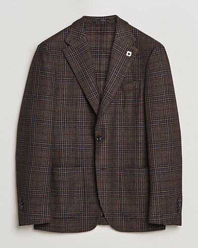 Men |  | Lardini | Checked Patch Pocket Wool/Silk Blazer Brown