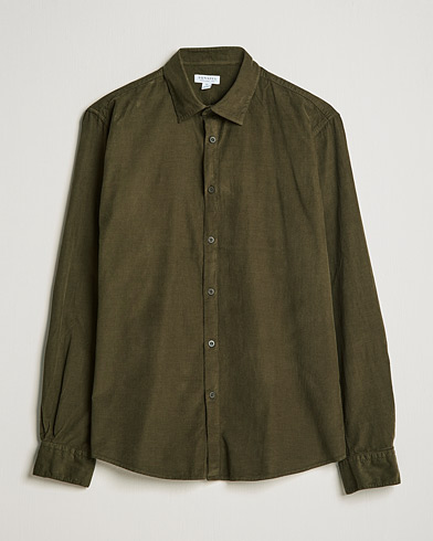 Men | Corduroy Shirts | Sunspel | Cotton Baby Cord Shirt Dark Moss