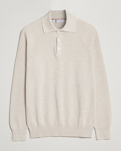 Men | Knitted Polo Shirts | Brunello Cucinelli | Rib Stitch Knitted Polo Light Beige
