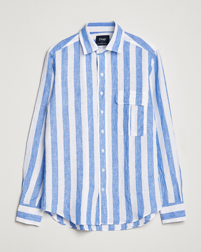 Men |  | Drake's | Broad Stripe Linen Spread Collar Shirt Blue
