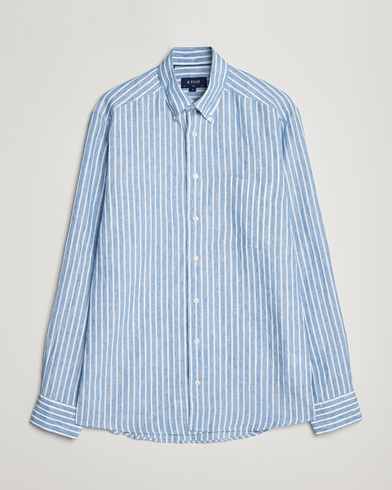 Men | Linen Shirts | Eton | Slim Fit Striped Linen Shirt Mid Blue