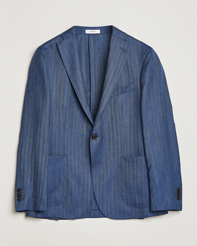 Men | Wool Blazers | Boglioli | Wool/Silk Herringbone Blazer Dark Blue