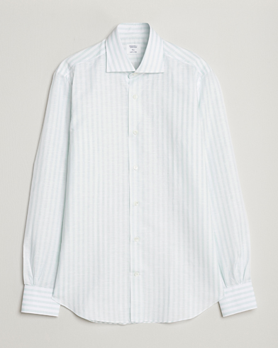 Men | Linen Shirts | Mazzarelli | Soft Cotton/Linen Shirt Light Green Stripe