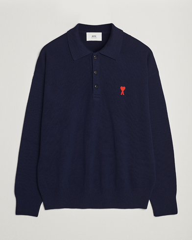 Men | Long Sleeve Polo Shirts | AMI | Heart Long Sleeve Knitted Polo Navy