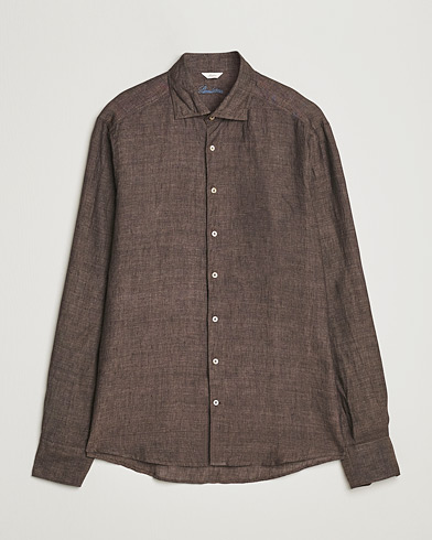 Men | The Linen Closet | Stenströms | Slimline Cut Away Linen Shirt Dark Brown