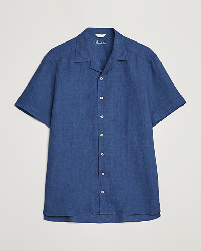 Men |  | Stenströms | Slimline Short Sleeve Resort Linen Shirt Blue