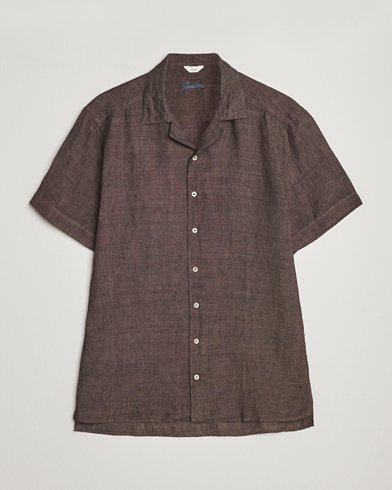Men |  | Stenströms | Slimline Short Sleeve Resort Linen Shirt Dark Brown
