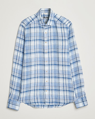Men |  | Stenströms | Slimline Cut Away Checked Linen Shirt Blue