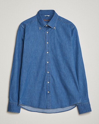 Men | Denim Shirts | Stenströms | Slimline Button Down Garment Washed Shirt Mid Blue Denim