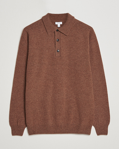 Men | Knitted Polo Shirts | Sunspel | Lambswool Poloshirt Pecan
