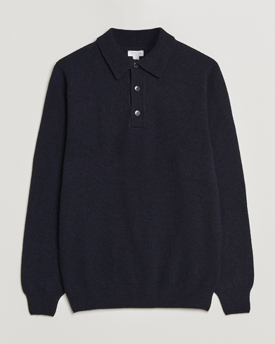 Men | Knitted Polo Shirts | Sunspel | Lambswool Poloshirt Dark Navy Mouline