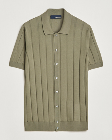 Men |  | Lardini | Short Sleeve Knitted Cotton Crèpe Shirt Olive