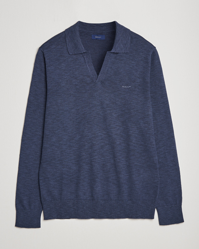 Men | Knitted Polo Shirts | GANT | Cotton/Linen Knitted Polo Deep Ocean