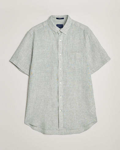 Men | Short Sleeve Shirts | GANT | Regular Fit Striped Linen Short Sleeve Shirt Calamata Green