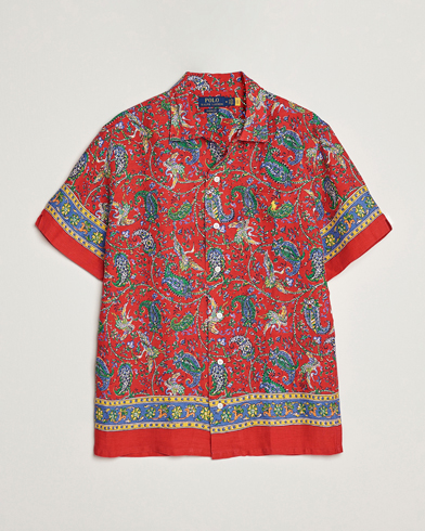 Men | Short Sleeve Shirts | Polo Ralph Lauren | Linen Printed Camp Collar Shirt Red Multi