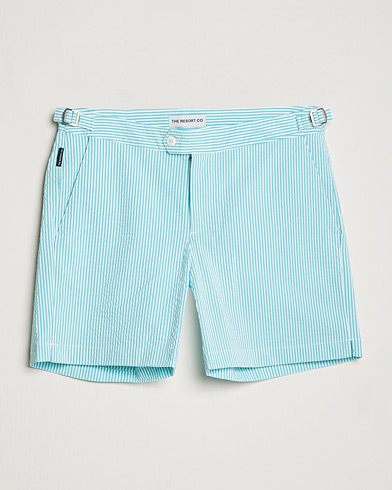 Men | The Resort Co | The Resort Co | Tailored Swim Shorts Turquoise Stripe Seersucker