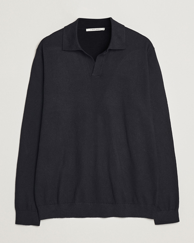 Men | Short Sleeve Polo Shirts | A Day's March | Manol Cotton Linen Polo Black