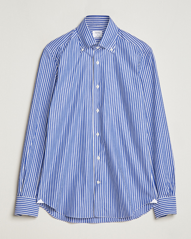 Men |  | Mazzarelli | Soft Button Down Striped Shirt Dark Blue
